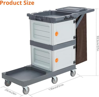 Commercial Janitorial Cart with 2 Cabinet, 3-Shelf Housekeeping Cleaning Cart on Wheels, Heavy Duty Plastic Utility Cart with 30 Gallon Trash Bag and Lid, 200 Lbs Load Capacity for Hotel Office School