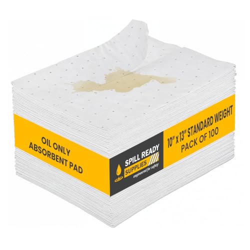 Spill Ready Oil Only Absorbent Pads 10" x 13" (100 Pack) - Standard Weight Absorbs Up to 16 oz per pad - 2mm Oil Absorbent Pads - Hydrophobic Oil Spill Mat for Fuel Spills - White Sorbent Pads - color: 10" x 13" -100 Pads - Standard, size: 1