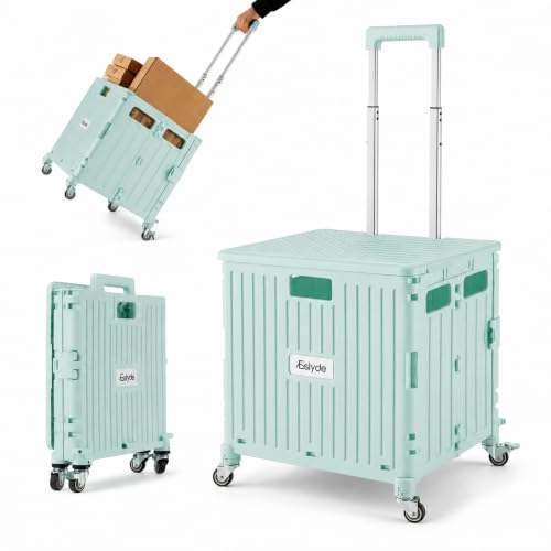 Folding Utility Cart Portable Rolling Crate Handcart Shopping Trolley Collapsible Tool Box, with Lid, Basket on 4 Rotating Wheels, for Grocery, Garden, Office, Storage, Teacher, Tool (Green) - color: Green