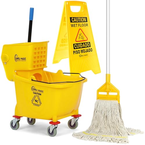 Simpli-Magic Side Press Wringer Combo Commercial Mop Bucket on Wheels, 35 Quart,Yellow, Including Wet Floor Caution Sign and Set, Polyethylene - color: Yellow - Set