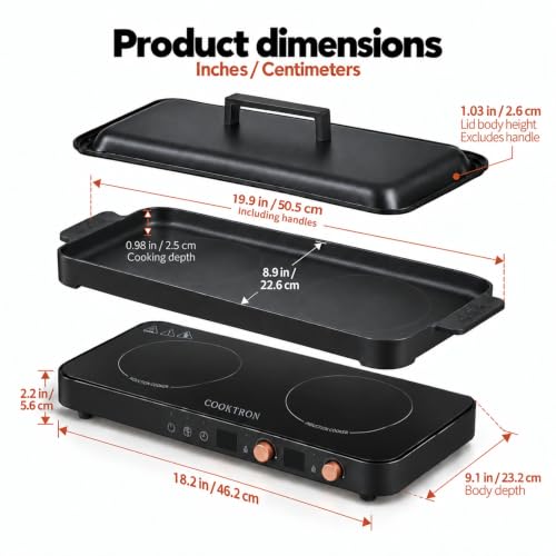 COOKTRON Portable Induction Cooktop 2 Burner with Griddle Pan, 1800W, Black - size: Double Induction Cooktop with Griddle Pan