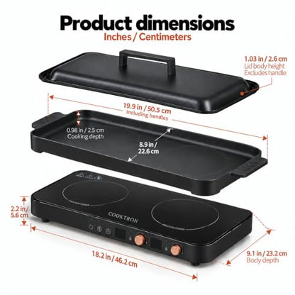 COOKTRON Portable Induction Cooktop 2 Burner with Griddle Pan, 1800W, Black - size: Double Induction Cooktop with Griddle Pan