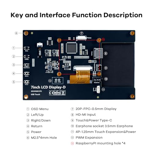 Hosyond 7 Inches Touchscreen IPS LCD Display Panel 1024×600 HDMI Capacitive Touch Screen for Raspberry Pi5/Pi4/Pi3/ZERO 2W, BB Black, Windows - size: 7 inches