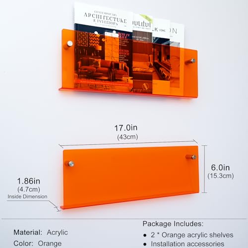 2 Pack Orange Acrylic Magazine Holder, Wall Mount Hanging Bookshelf Literature Storage Rack, Brochure File Display Shelf for Waiting Room, Living Room, Office, Home - size: Orange 17 Inch