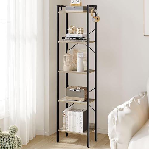 Hzuaneri Bookshelf, Book Shelf, Industrial Bookcase with 2 Hooks - color: Greige, size: 9.4"D x 15.7"W x 63"H