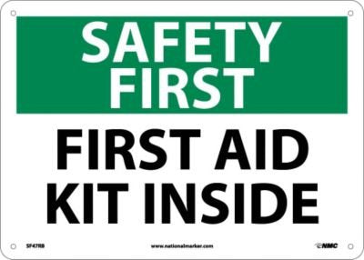 NMC SF47RB OSHA Sign, Legend "Safety First - First AID KIT Inside", 14" Length x 10" Height, Rigid Plastic, Black/Green on White - size: 10 x 14, style: RIGID PLASTIC .050
