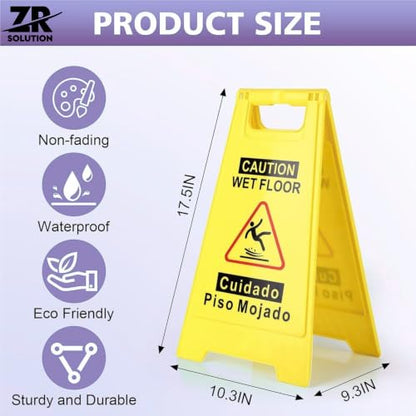 24 Inches Caution Wet Floor Sign Bright Yellow Double Sided Bilingual Caution Message Folding A-Shaped Frame Design Safety Warning Wet Floor Sign Collapsible Commercial Warning Sign Prevent Slip