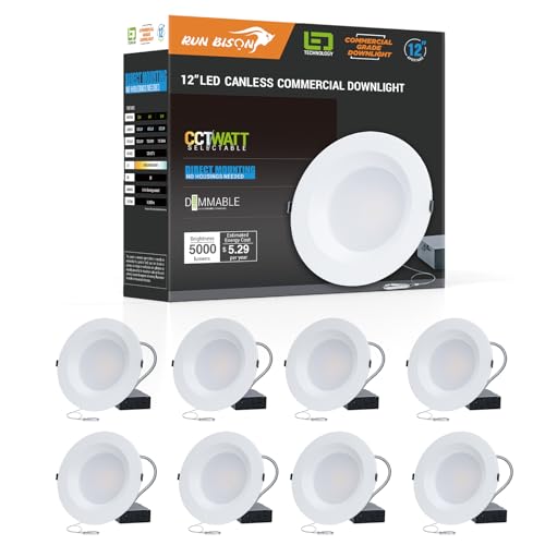 12 Inch Recessed LED Commercial Downlight with J-Box, Wattage Adjustable 30/40/50W,3 Color Selectable 3000K-5000K, 120-277V,0-10V Dimmable,IC Rated,Canless LED Downlight,ETL Listed-8PK - color: 8PK, size: 12 inch