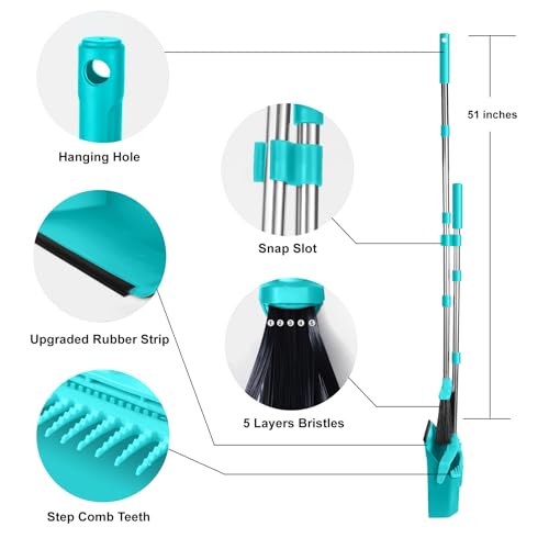 Broom and Dustpan Set for Home, 51" Long Handle Standing Dustpan Blue - color: Blue