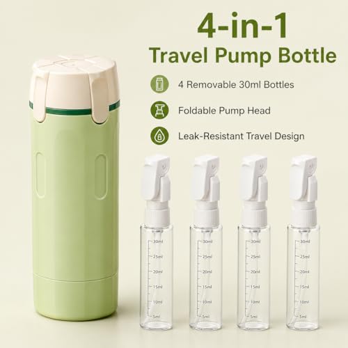 4-in-1 Travel Dispenser Bottle, Essential Leak-Proof Refillable Pump Travel Size Toiletry Bottles, Portable Dispenser for Shampoo, Conditioner, Body Wash & Lotion (Green) - color: Green