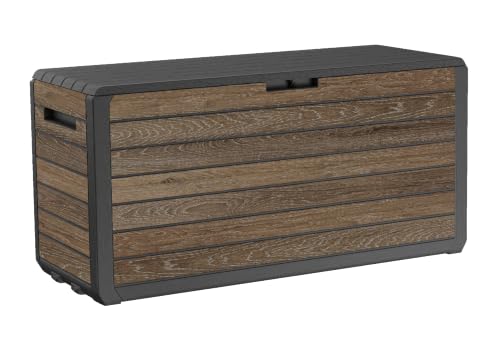 Keter Premium Everwood 71 Gal Outdoor Storage Box and Patio Side Table - color: Walnut, size: 71 Gallon