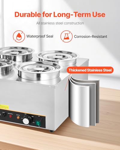VEVOR Electric Soup Warmer, Four 6.34QT Stainless Steel Round Pot with 86~185°F Adjustable Temp, 1500W Commercial Bain Marie with Anti-Dry Burn and Reset Button, Soup Station for Restaurant, Buffet - size: 4×6L Pots