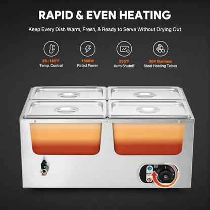 WILPREP Commercial Food Warmer with Four 1/4 Pans, 1500W Countertop Electric Steam Table, 86-185°F Adjustable Temp Control & Over-Temp Protection, Stainless Steel Buffet Bain Marie - size: 1/4 pan*4