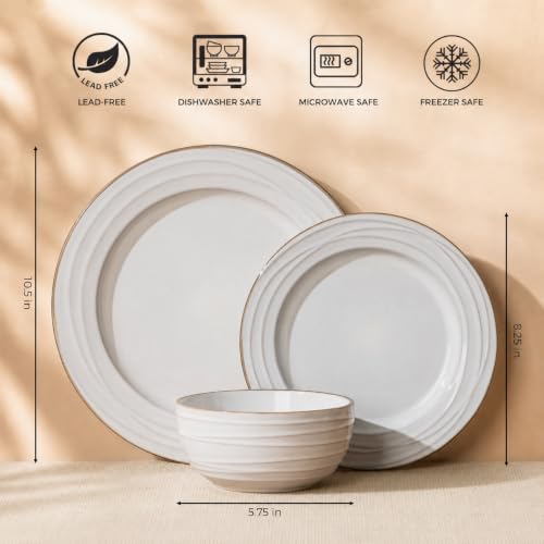 GBHOME Ceramic Dinnerware Sets,12 pcs Embossed Elegant Stoneware Plates and Bowls Sets, Housewarming Wedding Gift | Dishwasher & Microwave Safe | Dishes Set Service for 4 - color: Pearl White-Wave, size: Service for 4 (12 pcs)