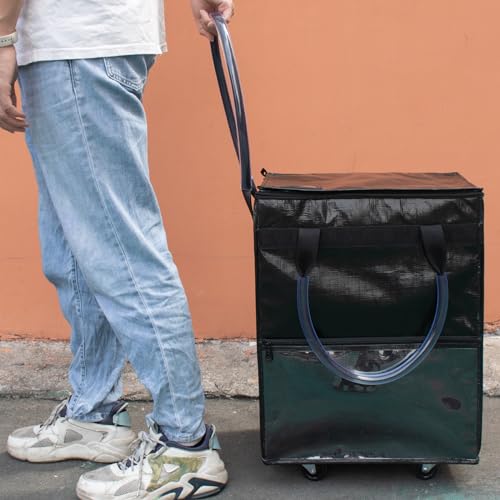 Medium Black Reusable Grocery Bag on Wheels, Folding Rolling Tote - color: Black, size: Medium