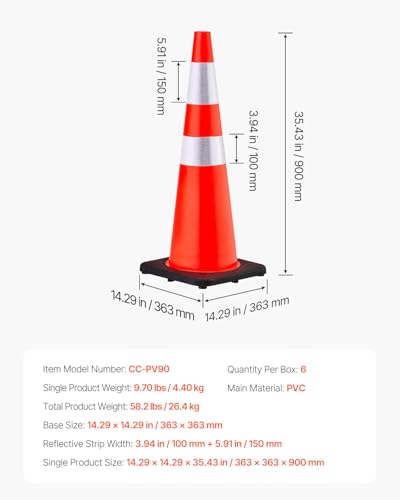 VEVOR Safety Cones, 6 Pack 36" Traffic Cones, PVC Orange Construction Cones with Reflective Collars and Black Weighted Base, for Traffic Control, Driveway Road Parking and School Improvement - size: 36"(6Cones)