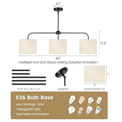 3-Light Black Linear Chandelier with Linen Beige Drum Shades, Modern Pendant Light Fixture for Kitchen Island, Dining Room, Living Room, Bedroom, E26 Base Compatible - color: 3 Light-Black