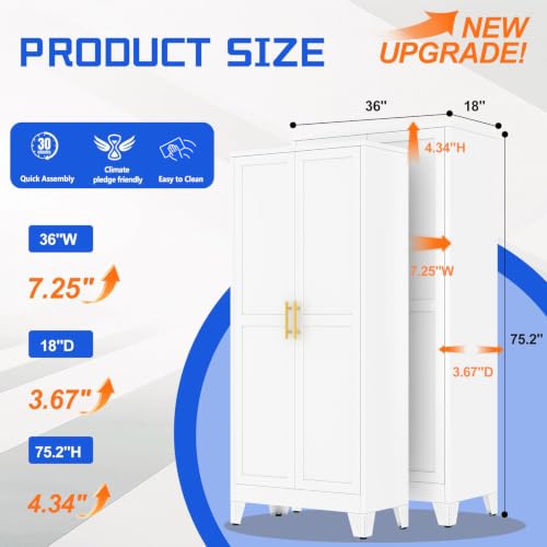 GAIOUS 75.2" Tall Metal Storage Cabinet with 2 Doors & 5 Adjustable Shelves - color: White, size: 18"D x 36"W x 75.2"H