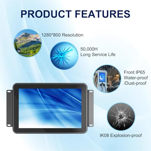 10-Point Multi-Touch Industrial Display, 10.1 Inch Open Frame Capacitive Touch Screen Monitor, 1280x800 10-Point LCD Display, IP65 Front Waterproof with HD-MI VGA Ports - size: 10.1