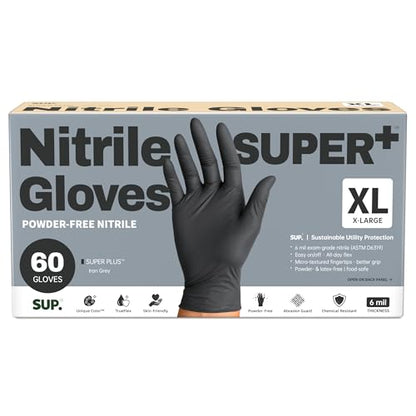 SUPER+ Black Nitrile Gloves HEAVY DUTY 6 Mil Disposable Chemical Resistant Powder & Latex Free Medical Food Safe, 60/600 Ct - color: X-large (Black)