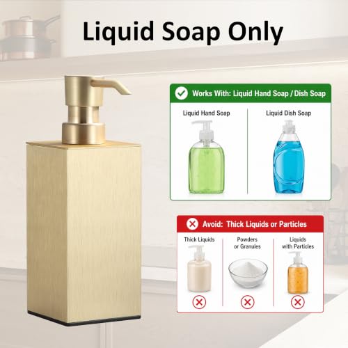 BGL Brushed Gold Soap Dispenser for Kitchen & Bathroom, Modern Square Liquid Hand Soap Pump, Rustproof Matte Black Lotion Dispenser with Non-Slip Bottom, Fingerprint Resistant - color: Brushed Gold-countertop