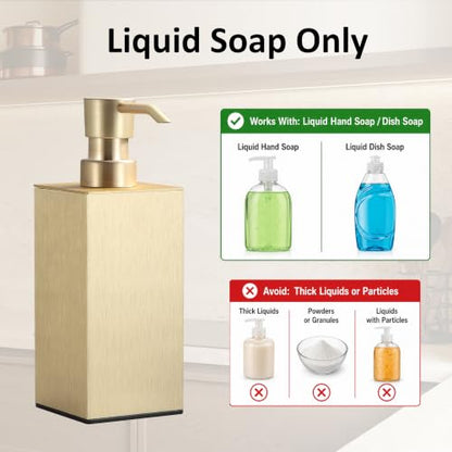 BGL Brushed Gold Soap Dispenser for Kitchen & Bathroom, Modern Square Liquid Hand Soap Pump, Rustproof Matte Black Lotion Dispenser with Non-Slip Bottom, Fingerprint Resistant - color: Brushed Gold-countertop