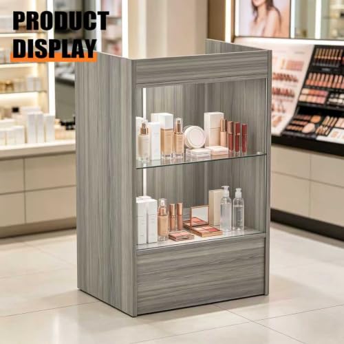 24" W x 18" D x 38" H - Gray Retail Cash Register Stand Cash Wrap Checkout Desk Portable Counter Podium Stand with Glass Shelving Case for Retail Store, Meetings Reception - color: Gray