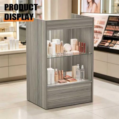 24" W x 18" D x 38" H - Gray Retail Cash Register Stand Cash Wrap Checkout Desk Portable Counter Podium Stand with Glass Shelving Case for Retail Store, Meetings Reception - color: Gray