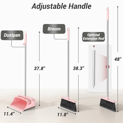 Broom with Dustpan Set for Pet Hair & Dust Cleanup, Pink - color: Pink