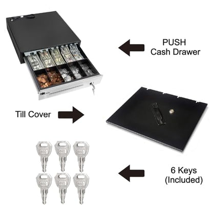 HK SYSTEMS 16""Stainless Steel" Front Heavy Duty Black POS Cash Drawer with 5Bill/5Coin and Till Cover - size: 04.16" POS+Till Cover