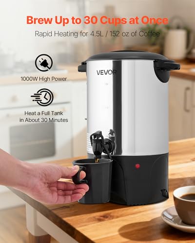 VEVOR Commercial Coffee Urn, 30 Cup 4.5 L Hot Beverage Dispenser with Dripless Faucet, Quick-Brewing Commercial Coffee Maker with Stainless Steel Liner, for Catering, Business, Church & Restaurant - size: 30Cup