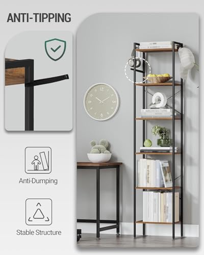 Hzuaneri Bookshelf, Book Shelf, Industrial Bookcase with 2 Hooks - color: Rustic Brown, size: 9.4"D x 15.4"W x 72.8"H