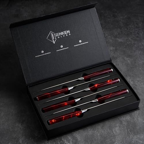SENKEN Professional 6-Piece Steak Knife Set with Engraved Damascus Pattern, Razor Sharp Blade, High Carbon Steel with Gift Box (Red) - color: Crimson Red