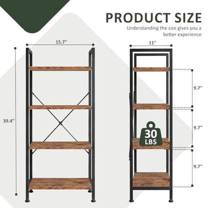4 Tier Bookshelf, Free Standing Bookcase with Open Storage Shelves - color: Rustic Brown, size: 4 Tier
