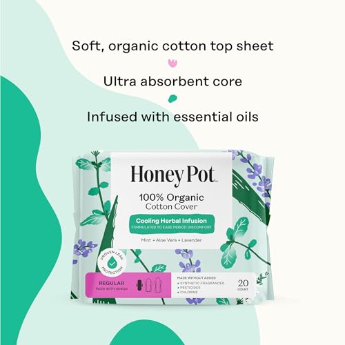 The Honey Pot Company - Herbal Sanitary Pads for Women - Regular Flow w/Wings - Infused w/Essential Oils for Cooling Effect & Organic Cotton Cover - Feminine Care - 20 ct (Pack of 3) - size: 20 Count (Pack of 3), style: Herbal Regular Flow