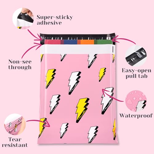 10x13 Inch Poly Mailers, Pink Lightning, 100 Pack Self Sealing - color: Flash Pink