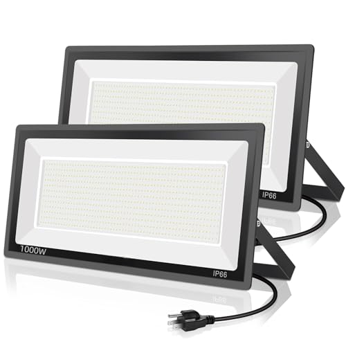 YANYCN 2 Pack 1000W LED Flood Light Outdoor,4250W Equivalent Super Bright 99500LM 5000K Daylight White FloodLight with Plug,IP66 Waterproof Commercial Lighting for Sports Fields,Counts,Arena,Stadium - color: 1000W led flood light 2pack