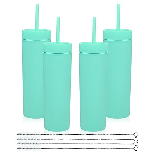 Volhoply 16oz Plastic Skinny Tumbler With Lid and Straw Bulk 4 Pack,Insulated Double Wall BPA Free Matte Acrylic Tumblers,Iced Coffee Travel Mug Reusable Party Cup,Customizable Diy Gifts(Green,4 Set) - color: Green