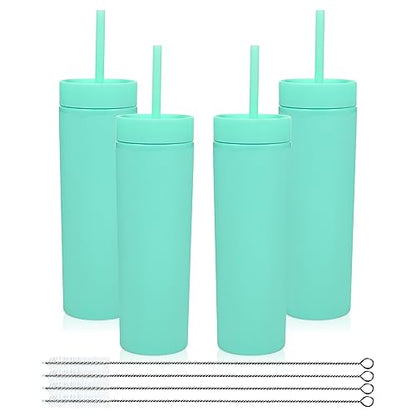 Volhoply 16oz Plastic Skinny Tumbler With Lid and Straw Bulk 4 Pack,Insulated Double Wall BPA Free Matte Acrylic Tumblers,Iced Coffee Travel Mug Reusable Party Cup,Customizable Diy Gifts(Green,4 Set) - color: Green