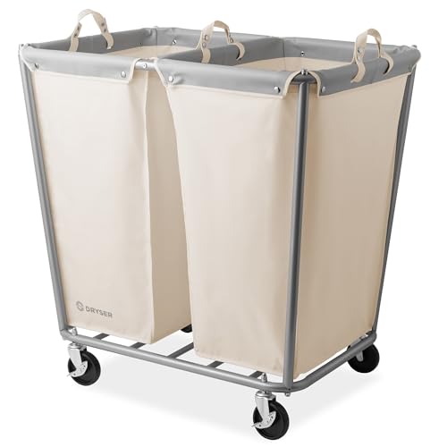 Dryser Divided Commercial Heavy-Duty Rolling Laundry Hamper, Steel Frame Cart on Wheels with 2 Section Removable Canvas Bins for Hotel or Home - White - color: White, size: 2-Section