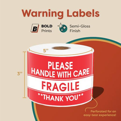 3" X 5" Fragile Stickers for Shipping Please Handle with Care - color: Red/White (Fragile Handle With Care)