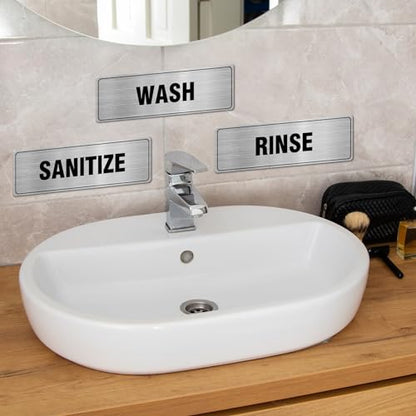 EVQ Wash Rinse Sanitize Sink Sign Aluminum Metal Silver 9 x 3 Inch 3 Pack - color: WASH RINSE SANITIZE - 9"×3"