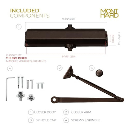 Door Closer, Commercial Grade 2 Hydraulic Closer, Spring Size 4, Surface Mount, Self-Closing, Adjustable Sweep & Latch Speed, Duronotic Bronze Finish - color: Duronic Anodized