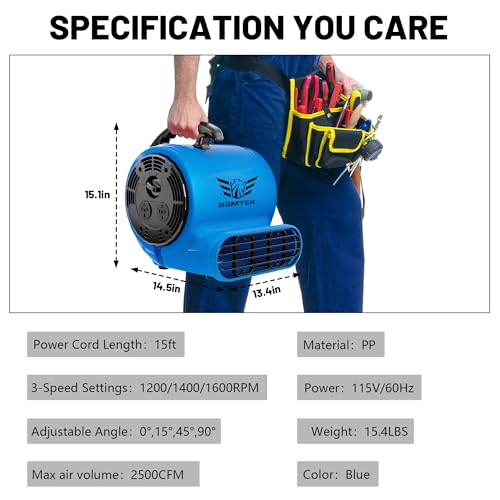 Air Mover Blower Fan, Industrial 1/2HP 2500CFM Monster Floor Blower Carpet Dryers - 3 Speeds, 4 Adjustable Angles, 15FT Long Cord, Stackable - 2026 Upgraded - color: Blue, size: 2500CFM