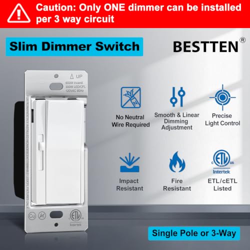 BESTTEN 3 Pack Slide Dimmer Light Switch, Quiet Rocker, Super Slim Single Pole or 3 Way Dimmable Switch, Max 300W LED, CFL, 600W Incandescent, ETL Listed, White - color: White