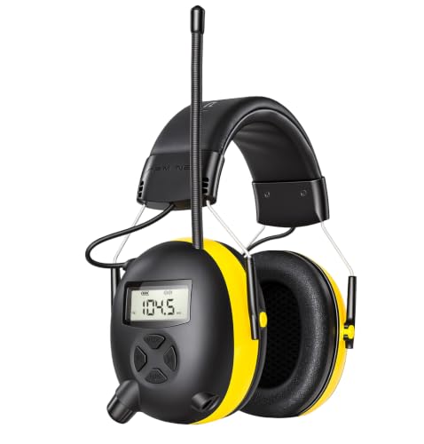 AM/FM Radio Headphones for Mowing, NRR 30dB Hearing Protection - color: Black-Yellow