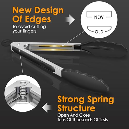 HOTEC Stainless Steel Kitchen Tongs with Silicone Tips, Set of 3-7",9" &12" - color: Black:12+9+7inch