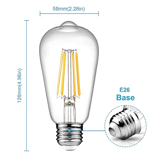 Ascher Dimmable Vintage LED Edison Bulbs, 6W, Equivalent 60W, 700lm, Warm White 2700K, 80+ CRI, ST58 Antique LED Filament Bulbs, E26 Medium Base, Clear Glass, Pack of 6 - style: Warm White 2700k(6 Pack)