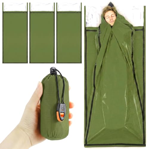 4 Pack Emergency Blanket Bivvy Bag - Waterproof Mylar Survival Sleeping Bag for Camping Hiking, Lightweight Thermal Bivy Sack, 74" x 33" x 12" Green Polyester Emergency Gear