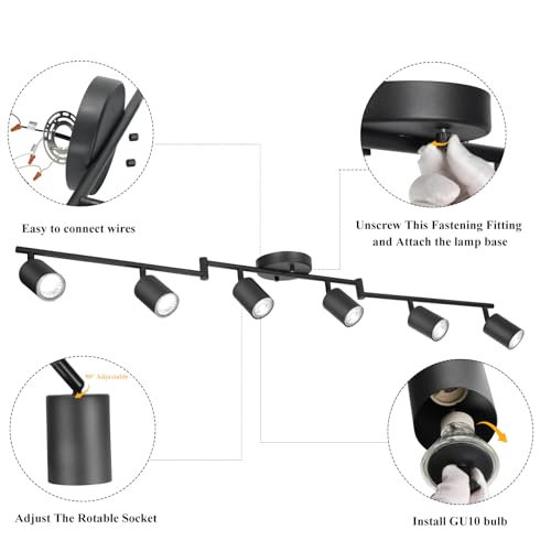 BoostArea LED 6 Light Track Lighting Kit, Black 6 Way Ceiling Spot Lighting, Flexibly Rotatable Light Head for Kitchen, Living Room, Bedroom, GU10 Bulb Not Included - color: 6 Light